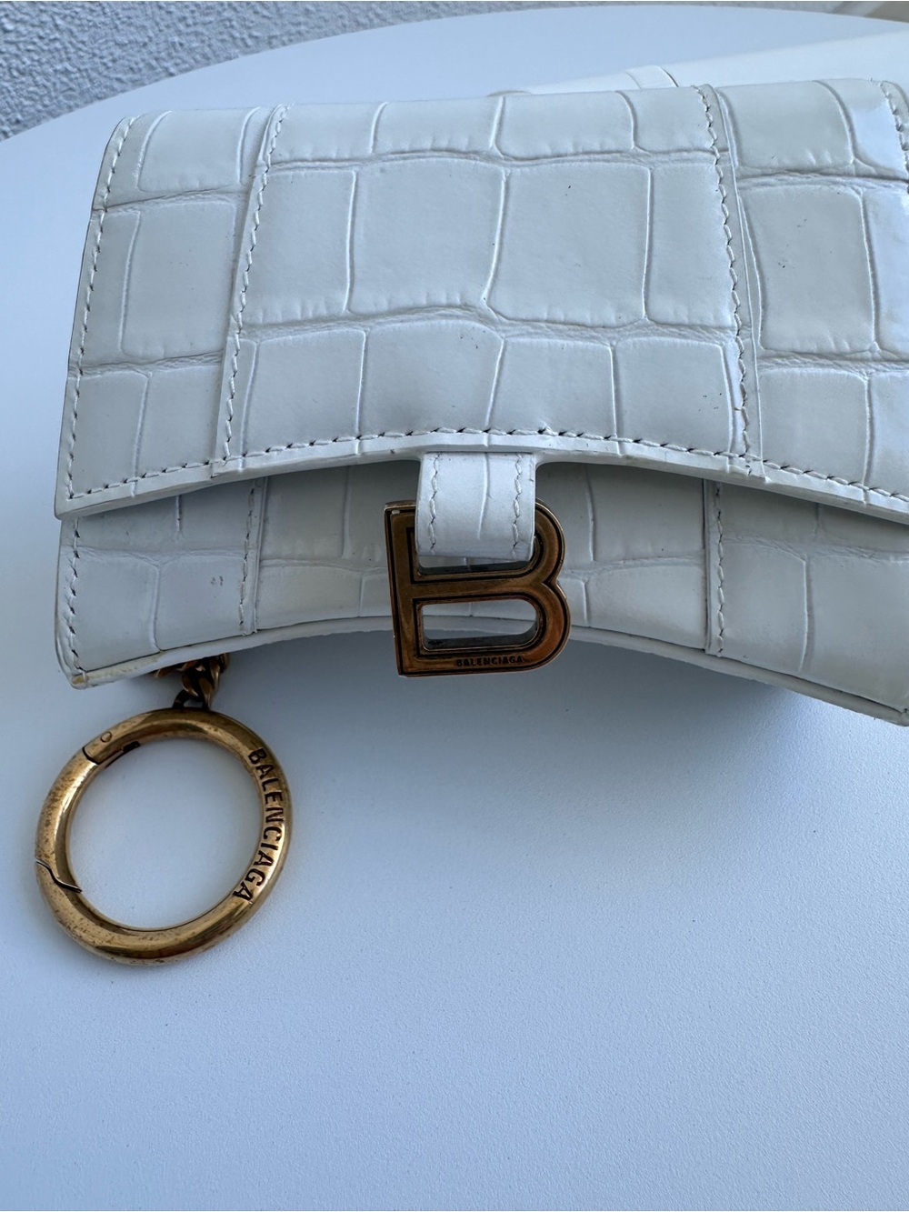 Balenciaga White Croc-Embossed Mini Wallet with Gold 'B' Charm and Keyring. - Picture 7 of 10